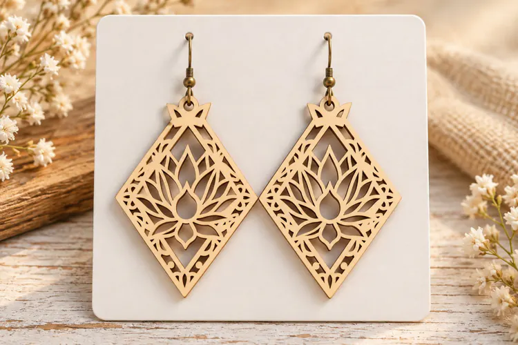 Diamond Lotus Floral Wooden Earrings Laser Cut SVG, Geometri