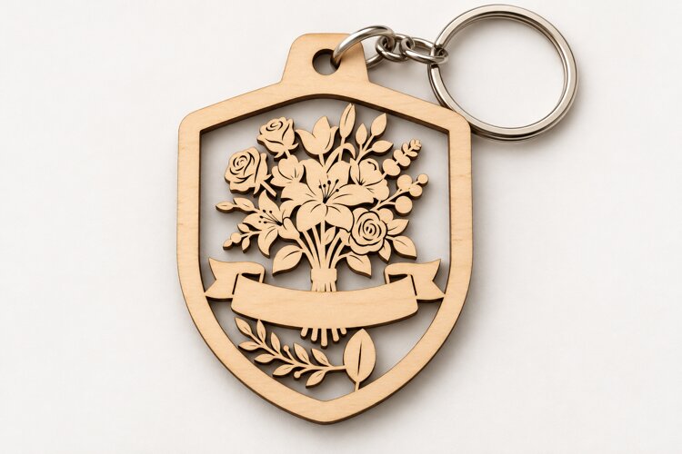 Floral Shield Tree Keychain Laser Cut SVG PNG Design, Wooden example image 1