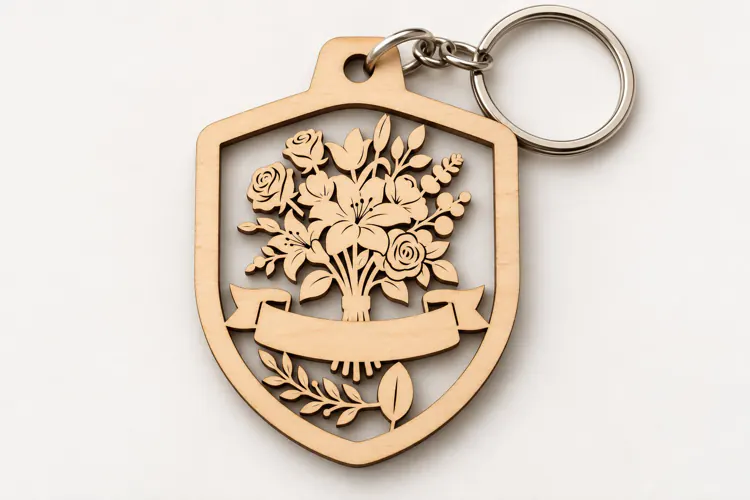 Floral Shield Tree Keychain Laser Cut SVG PNG Design, Wooden
