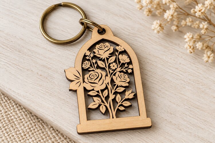 Floral Tree Keychain Laser Cut SVG PNG Design, Wooden Keych example image 1