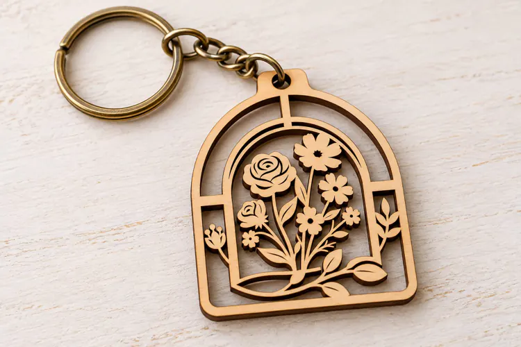 Floral Garden Keychain Laser Cut SVG PNG Design, Wooden