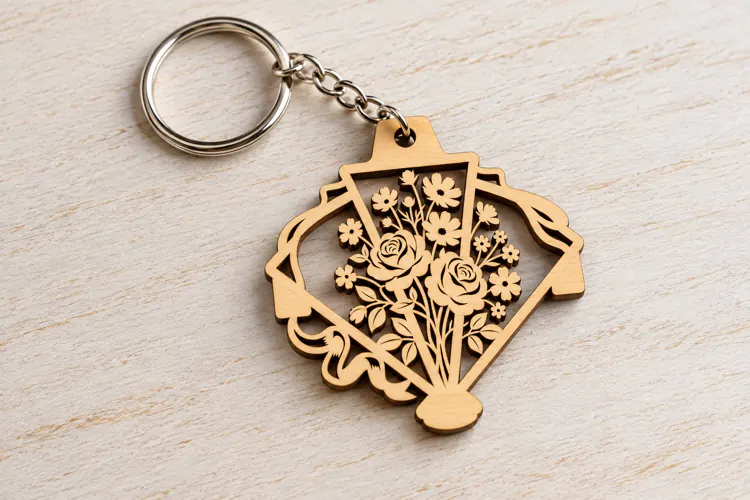 Floral Keychain Laser Cut SVG PNG Design, Wooden Keychain