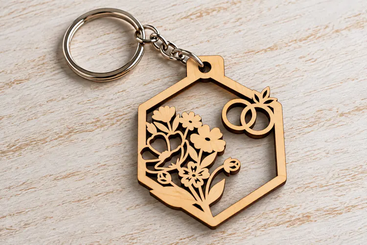 Hexagon Floral Keychain Laser Cut SVG PNG Design, Wooden Key