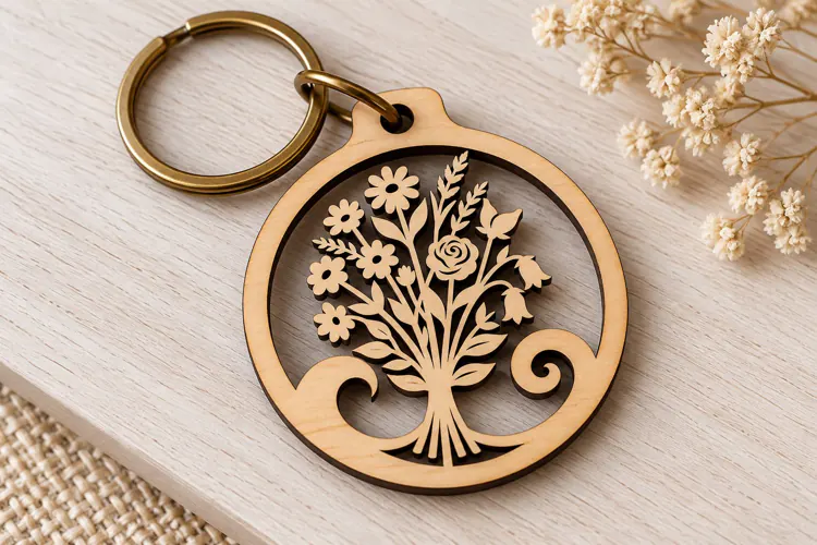 Floral Tree Keychain Laser Cut SVG PNG Design, Wooden Keycha