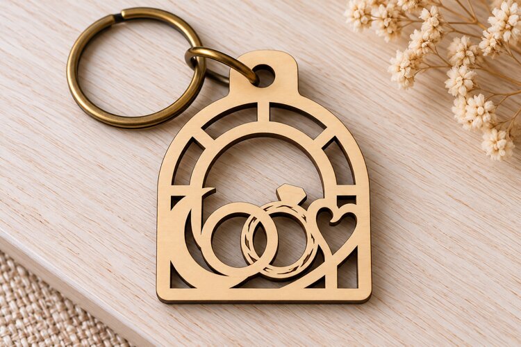 Wedding Rings Keychain Laser Cut SVG PNG Design, Wooden example image 1