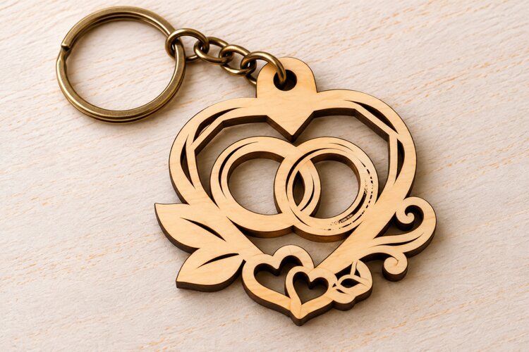 Floral Double Wedding Rings Heart Keychain Laser Cut SVG PNG example image 1