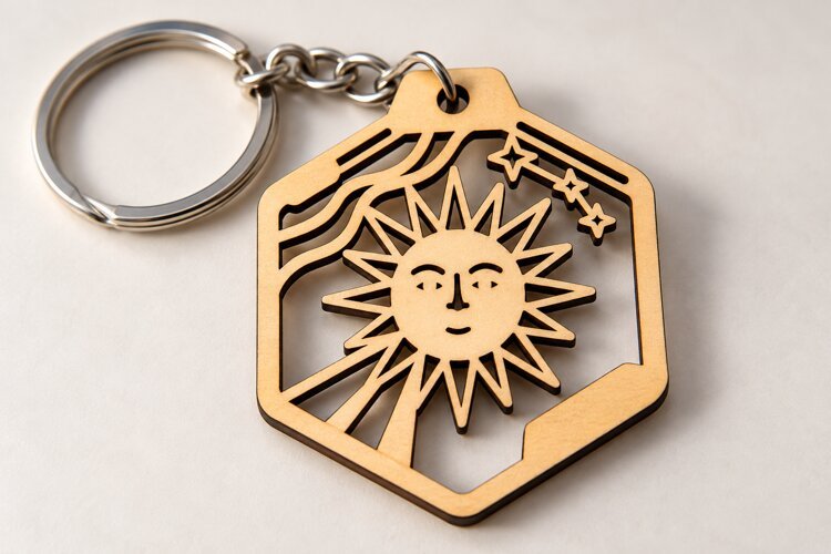Geometric Sun Face Hexagon Keychain Laser Cut SVG PNG Design example image 1
