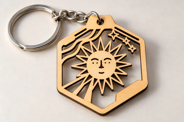 Geometric Sun Face Hexagon Keychain Laser Cut SVG PNG Design