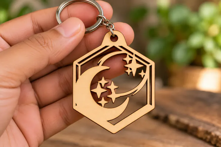 Moon and Stars Hexagon Keychain Laser Cut SVG PNG Desig