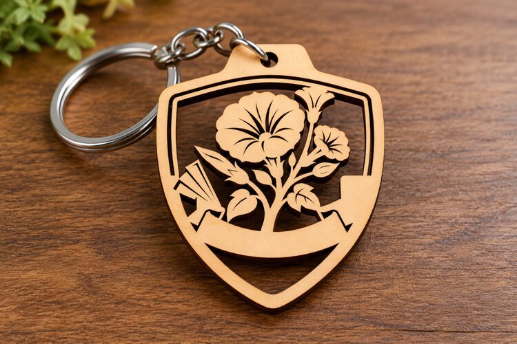 Hibiscus Flower Shield Keychain Laser Cut SVG PNG Design example image 1