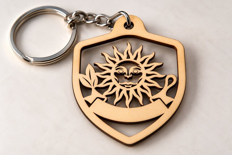 Smiling Sun Face Shield Keychain Laser Cut SVG PNG Design example image 1