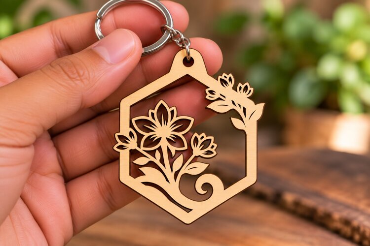 Wildflower Hexagon Floral Keychain Laser Cut SVG PNG DXF EPS example image 1