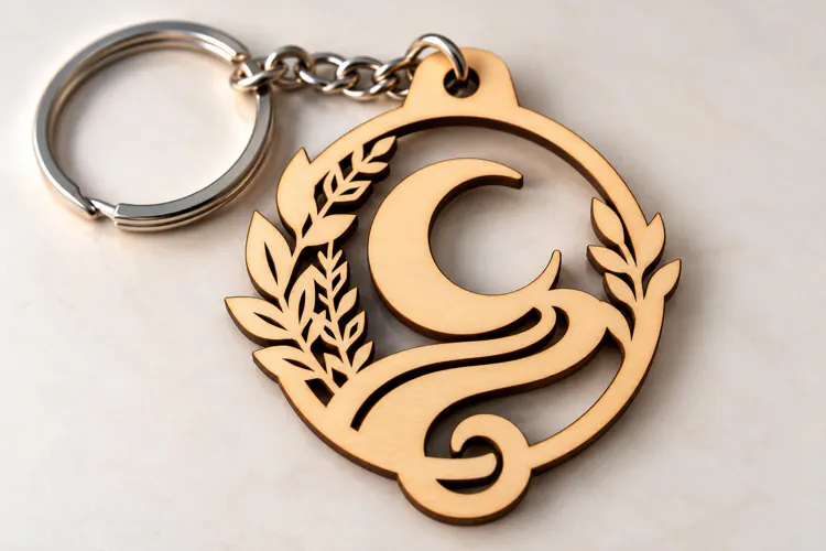 Crescent Moon Leafy Swirl Keychain Laser Cut SVG PNG DXF EPS