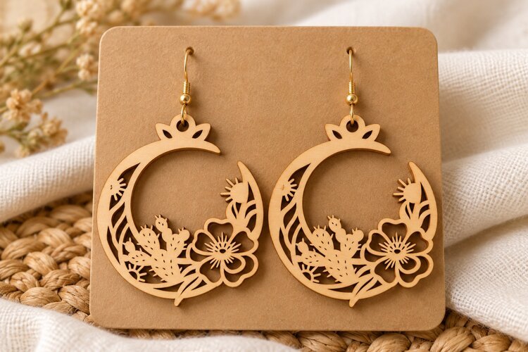 Crescent Moon Botanical Floral Laser Cut Earrings SVG laser example image 1