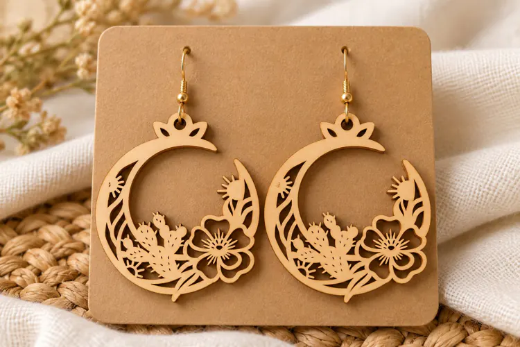 Crescent Moon Botanical Floral Laser Cut Earrings SVG laser