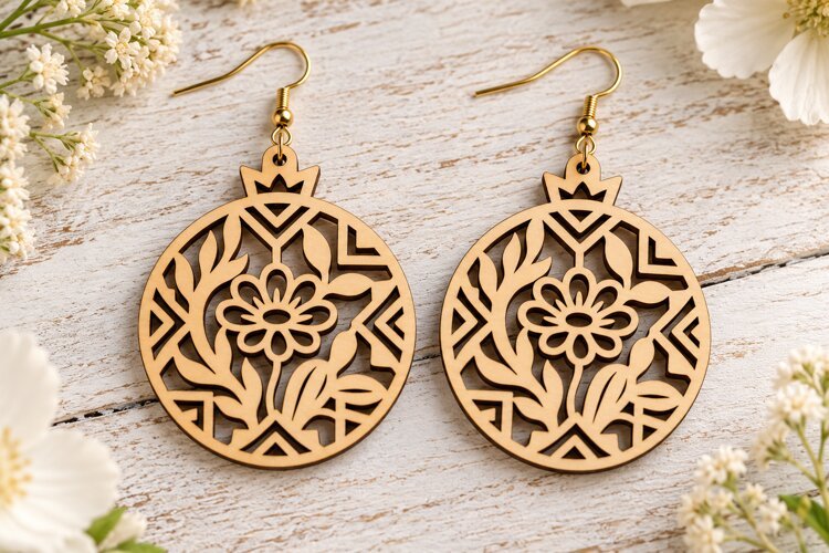 Mandala Floral Laser Cut Earrings SVG Template laser cut svg example image 1