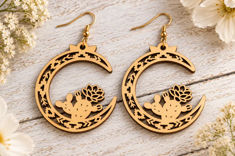 Crescent Moon Desert Cactus Laser Cut Earrings SVG Template