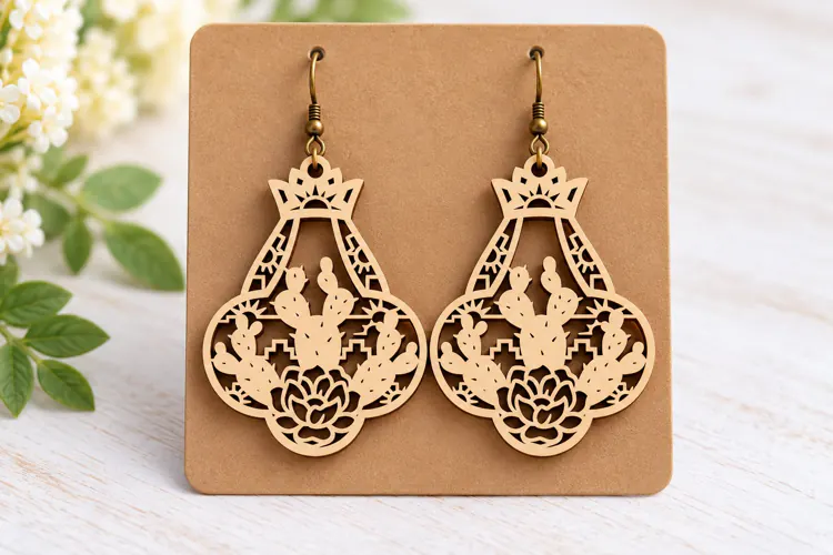 Ornate Floral Crown Drop Laser Cut Earrings SVG Template