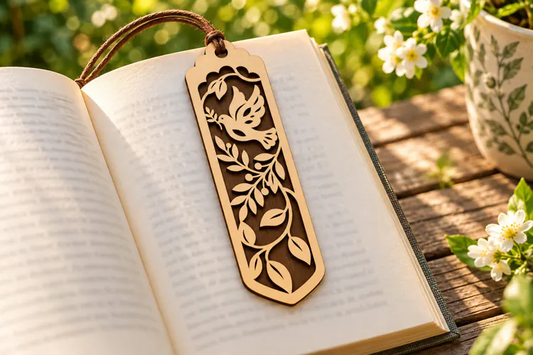 Bird Flower Leaf Bookmark Laser Cut SVG PNG Design, Wooden