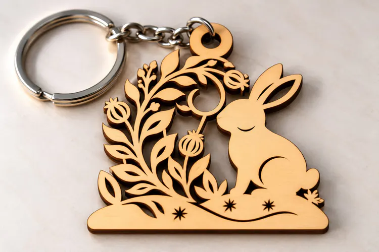 Rabbit Sitting on Flower Branch Keychain Laser Cut SVG PNG