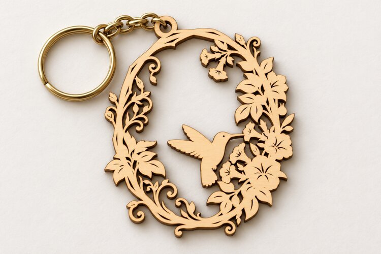 Hummingbird Ornate Flower Wreath Keychain Laser Cut SVG PNG example image 1