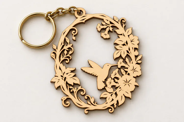 Hummingbird Ornate Flower Wreath Keychain Laser Cut SVG PNG