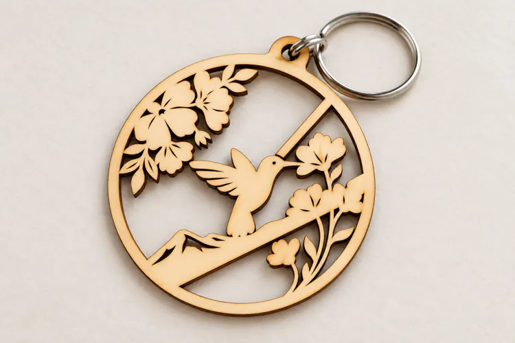 Hummingbird on Flowering Branch Keychain Laser Cut SVG PNG