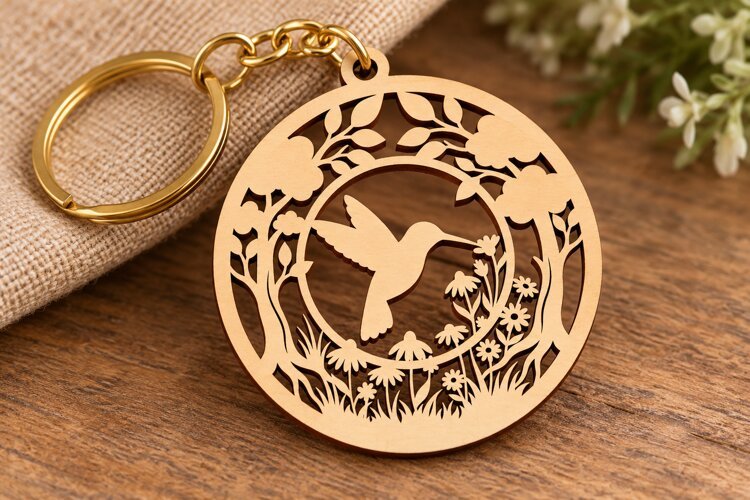 Hummingbird Forest Round Frame Keychain Laser Cut SVG PNG example image 1