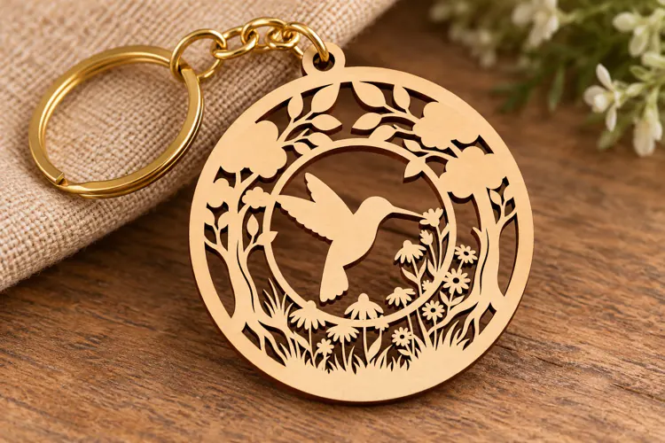 Hummingbird Forest Round Frame Keychain Laser Cut SVG PNG