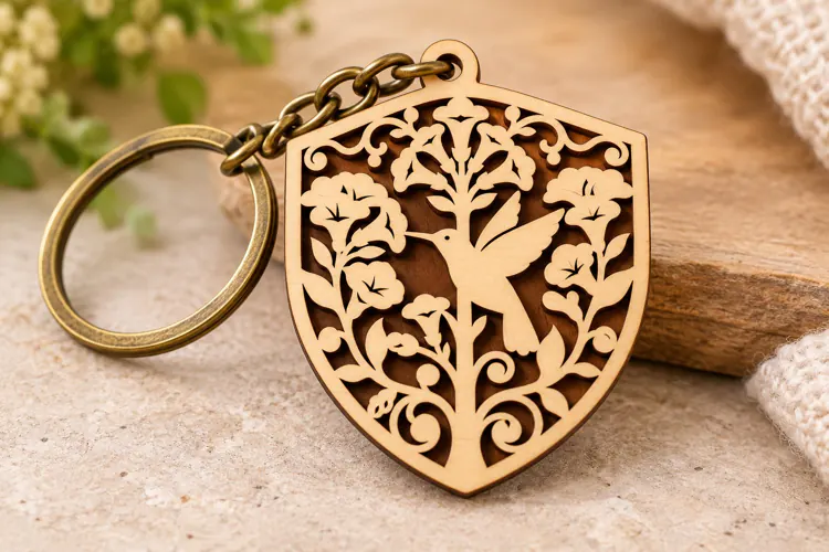 Bird and Flowers Botanical Shield Keychain Laser Cut SVG PNG