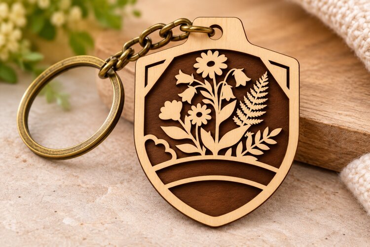 Botanical Wildflower Shield Keychain Laser Cut SVG PNG DXF example image 1