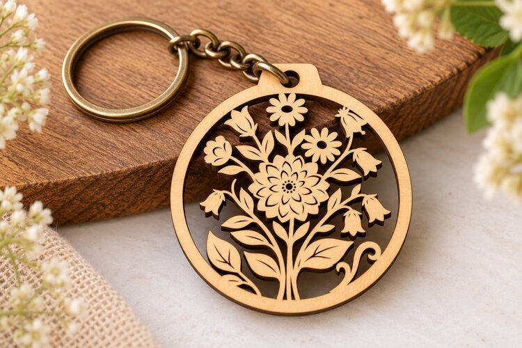 Round Floral Bouquet Keychain Laser Cut SVG PNG DXF EPS example image 1