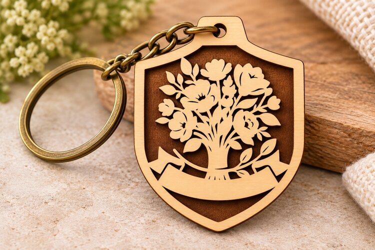 Flowering Tree Shield Keychain Laser Cut SVG PNG DXF EPS example image 1