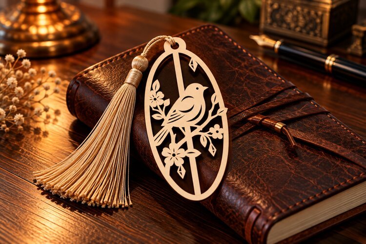 Oval Bird and Branch Bookmark Laser Cut SVG PNG Design example image 1
