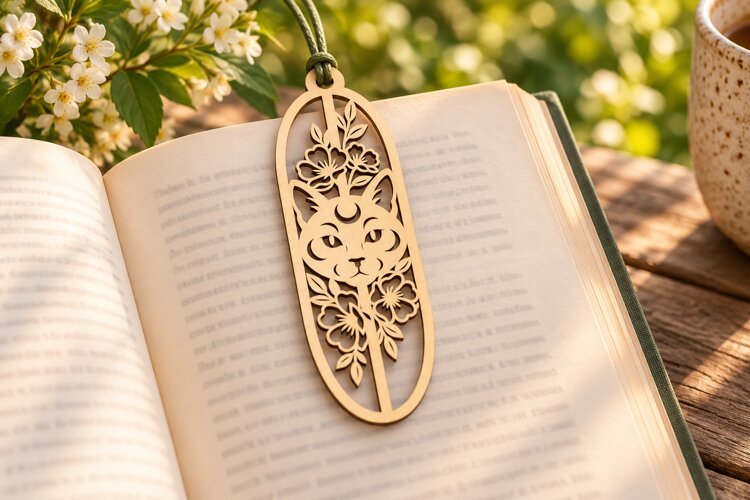 Floral Cat Face Bookmark Laser Cut SVG Design laser cut svg, example image 1