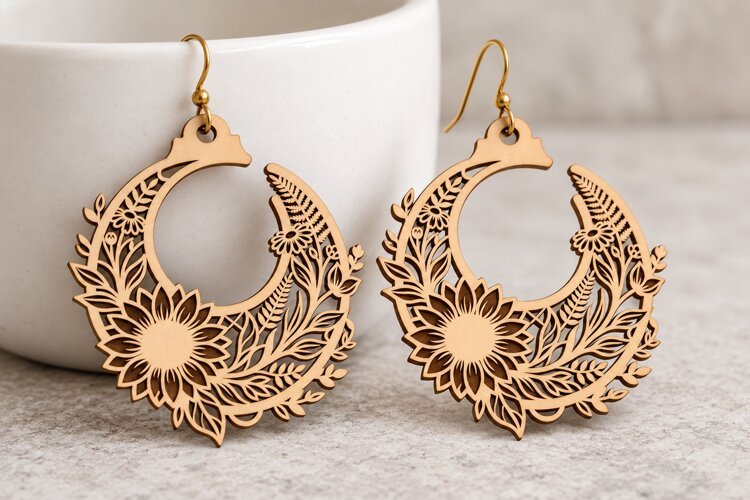 Floral Sunflower Laser Cut Earrings SVG Template laser cut example image 1