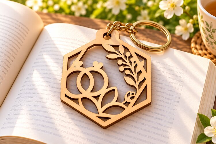 Wedding Rings Floral Hexagon Keychain Laser Cut SVG PNG DXF example image 1
