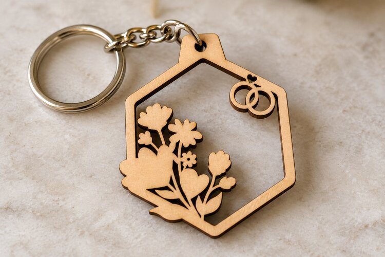 Floral Hexagon Wedding Rings Keychain Laser Cut SVG PNG DXF example image 1