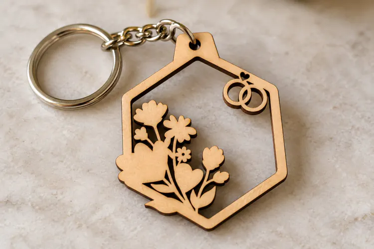 Floral Hexagon Wedding Rings Keychain Laser Cut SVG PNG DXF