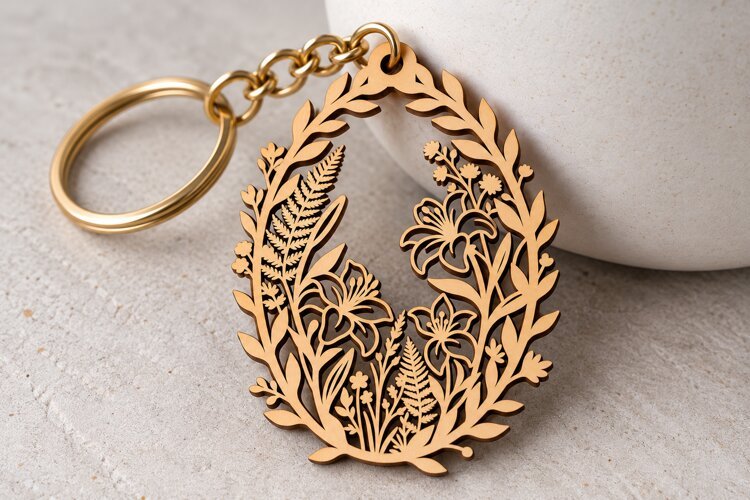 Oval Meadow Flower Wreath Keychain Laser Cut SVG PNG DXF EPS example image 1
