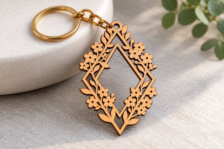 Geometric Diamond Flower Frame Keychain Laser Cut SVG PNG example image 1