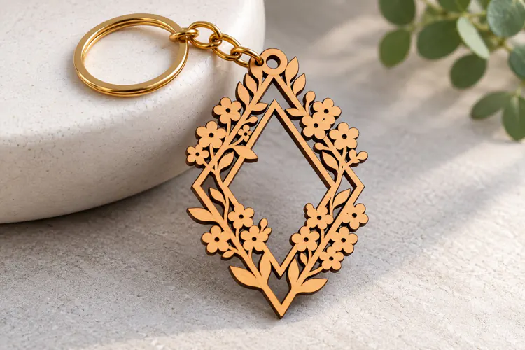 Geometric Diamond Flower Frame Keychain Laser Cut SVG PNG