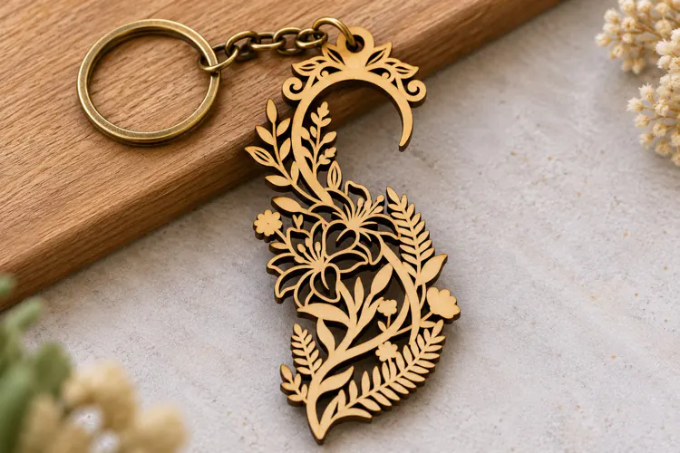 Crescent Moon Floral Vine Keychain Laser Cut SVG PNG DXF EPS