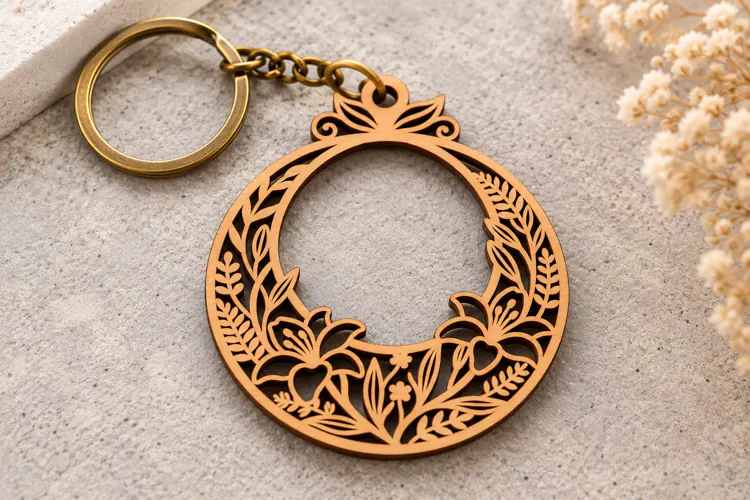 Round Open Floral Wreath Keychain Laser Cut SVG PNG DXF EPS