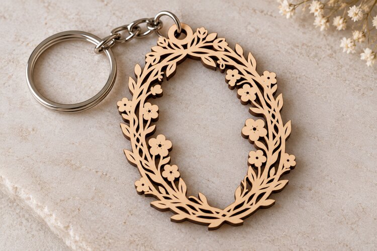 Oval Leaf and Flower Wreath Keychain Laser Cut SVG PNG DXF example image 1
