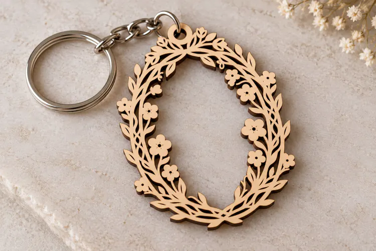 Oval Leaf and Flower Wreath Keychain Laser Cut SVG PNG DXF