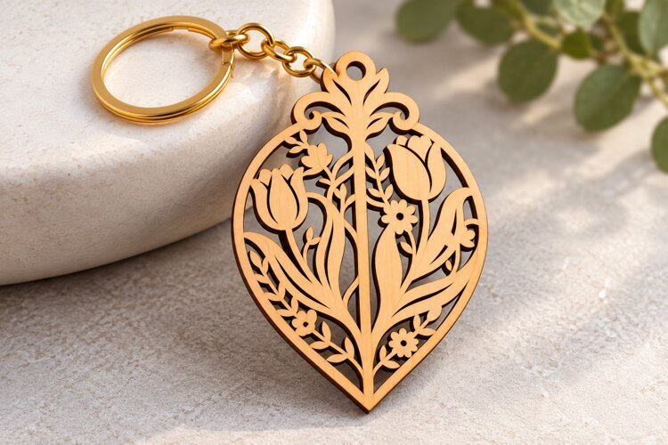 Ornate Leaf Shaped Floral Bouquet Keychain Laser Cut SVG PNG example image 1