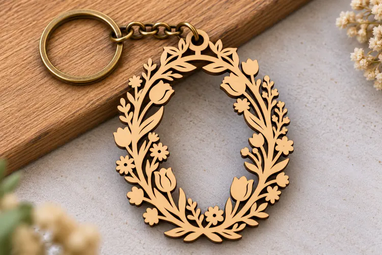 Floral Leaf Wreath Oval Keychain Laser Cut SVG PNG DXF EPS