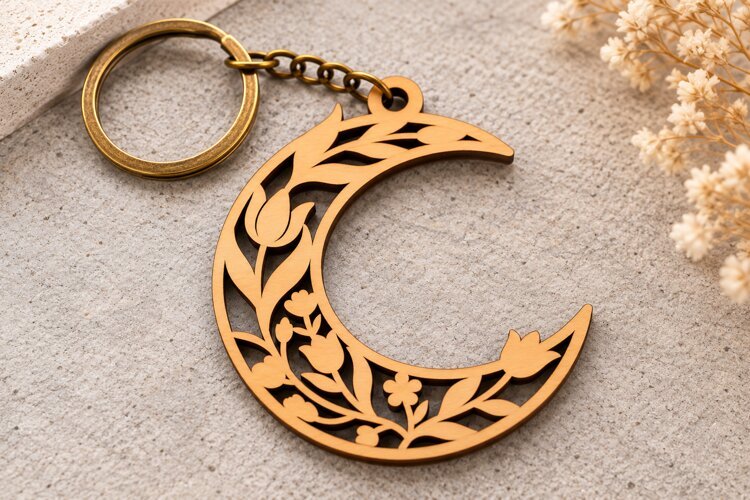 Floral Crescent Moon Keychain Laser Cut SVG PNG DXF EPS example image 1