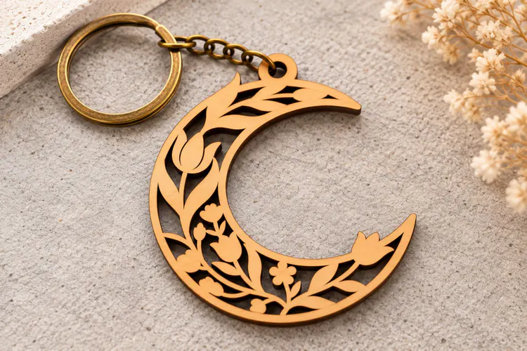 Floral Crescent Moon Keychain Laser Cut SVG PNG DXF EPS